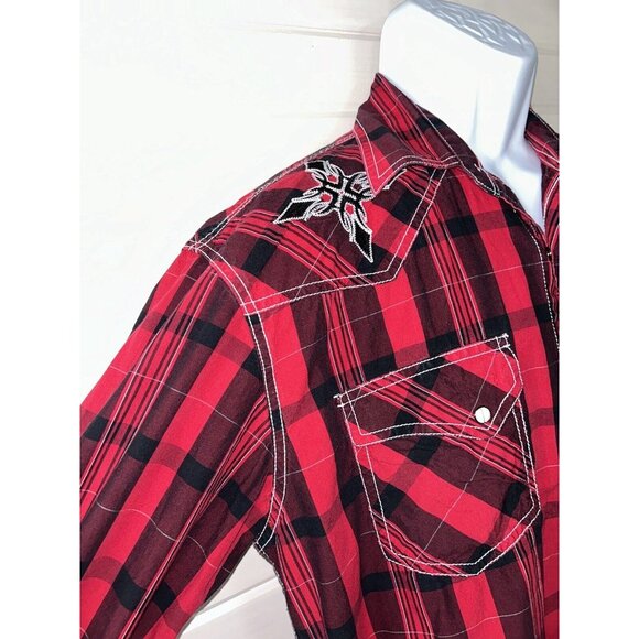 Rafter C Cowboy Collection Sz LARGE Western Pearl Snap Shirt Red Plaid EUC - Picture 4 of 12